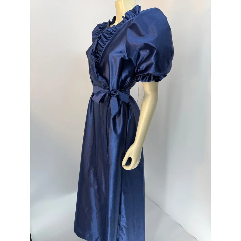 Vintage Puff‎ Sleeve Satin Robe Royal Blue Ruffle Neck Tie Waist Maxi Wrap M/L